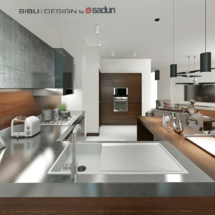 Contemporary kitchen with metal worktop.