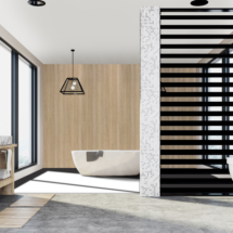 Wooden bathroom, tub, sink and shower